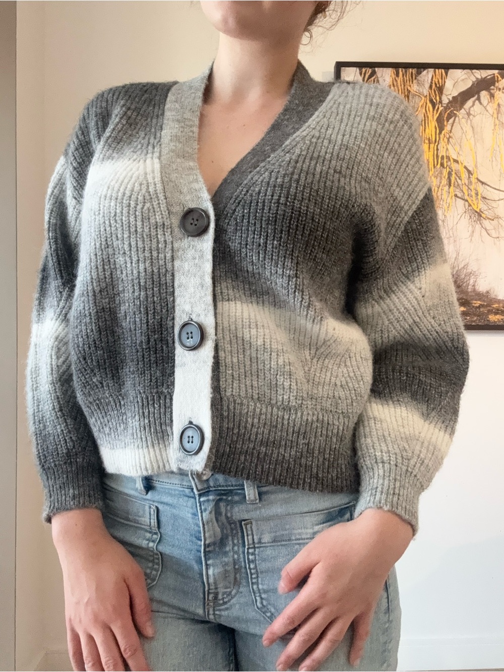 ESQUALO Gray and White Ombre Ribbed Button Cardigan